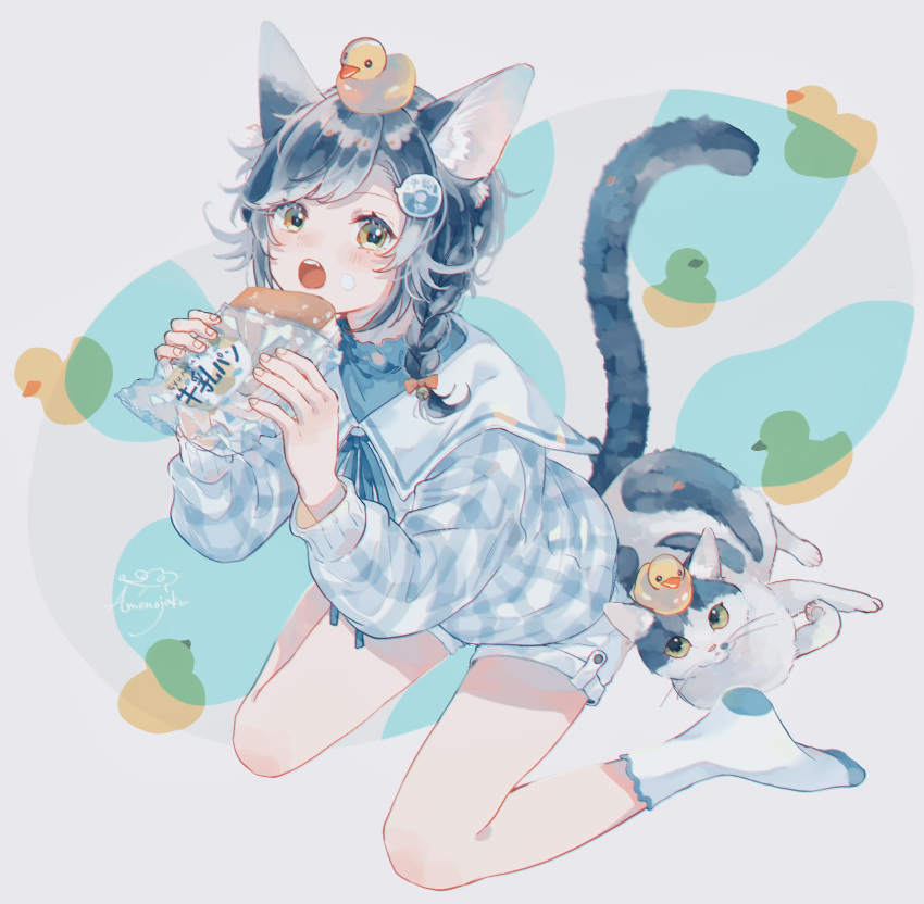 1girl animal_ears black_hair blush bow braid cat cat_day cat_ears cat_girl cat_tail collared_shirt eating food hair_bow hair_ornament hairclip highres long_sleeves looking_at_viewer multicolored_background open_mouth orange_eyes original pale_skin rainydays_1122 rubber_duck shirt shorts socks solo tail