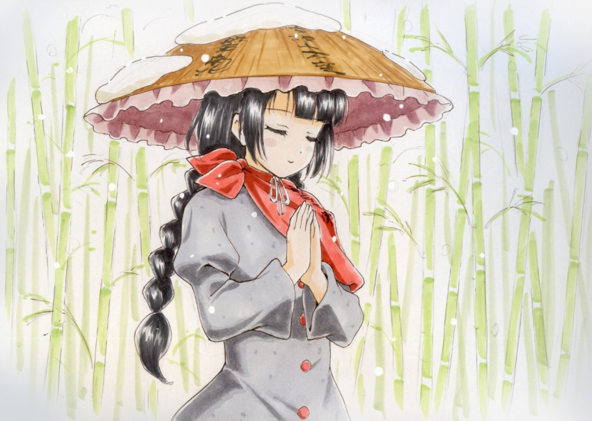 1girl ajirogasa bamboo bamboo_forest bangs beluo77 black_hair blunt_bangs braid breasts brown_headwear buttons capelet closed_eyes closed_mouth clothes_writing commentary_request dress eyelashes forest frilled_hat frills grey_dress happy hat juliet_sleeves long_hair long_sleeves nature own_hands_together palms_together praying puffy_sleeves red_capelet ribbon single_strap small_breasts smile snow snow_on_headwear touhou traditional_media twin_braids yatadera_narumi