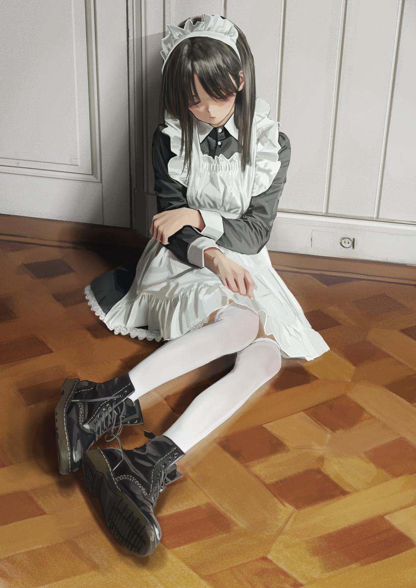 1girl absurdres apron bangs black_dress black_footwear brown_hair closed_eyes closed_mouth commentary dress english_commentary full_body highres indoors long_hair long_sleeves maid maid_headdress nadegata original sitting sleeping solo thigh-highs white_apron white_legwear