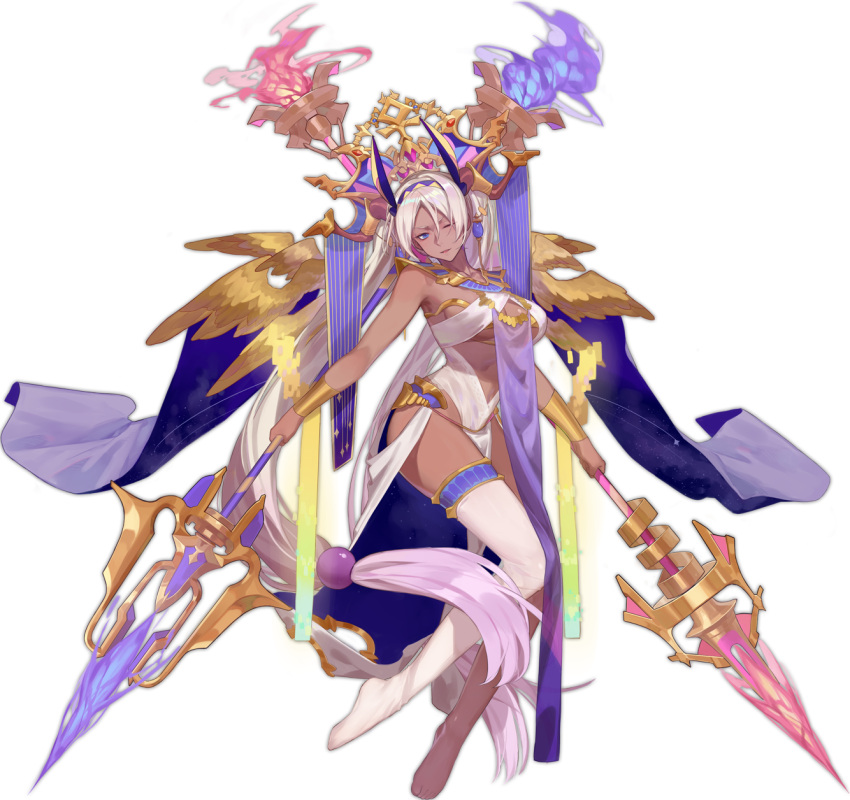 1girl animal_ears ark_order bangs beads blue_eyes blue_fire bracelet breasts dark_skin dual_wielding egyptian fire gold gold_trim hair_beads hair_ornament hairband headpiece highres holding horns jewelry leotard long_hair looking_at_viewer low-tied_long_hair multiple_wings necklace no_shoes nut_(ark_order) official_art one_eye_closed polearm red_cucumber single_bare_leg single_thighhigh solo spear tachi-e thigh-highs transparent_background twintails very_long_hair weapon white_hair white_legwear white_leotard wings yellow_wings