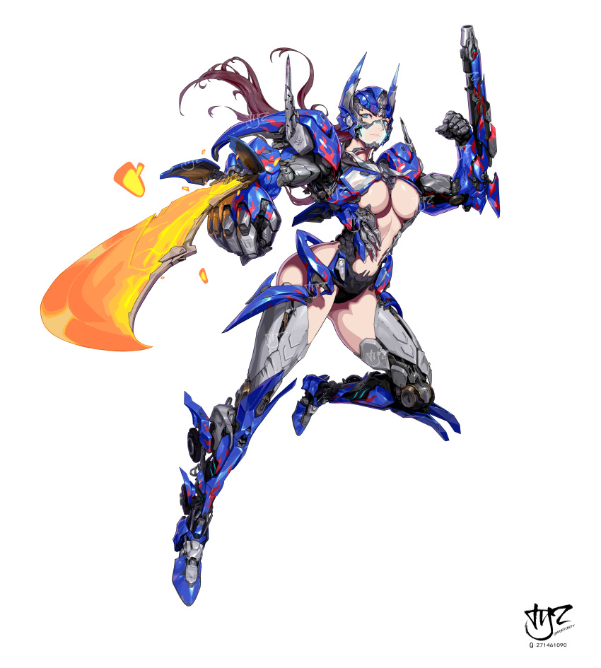 absurdres arm_blade arm_cannon blue_eyes boots breasts brown_hair center_opening chinese_commentary clenched_hand energy_blade floating_hair genderswap genderswap_(mtf) goggles highres large_breasts long_hair mecha_musume metal_boots metal_gloves navel optimus_prime personification science_fiction thigh-highs thigh_boots transformers transformers_(live_action) under_boob weapon white_background zymv587