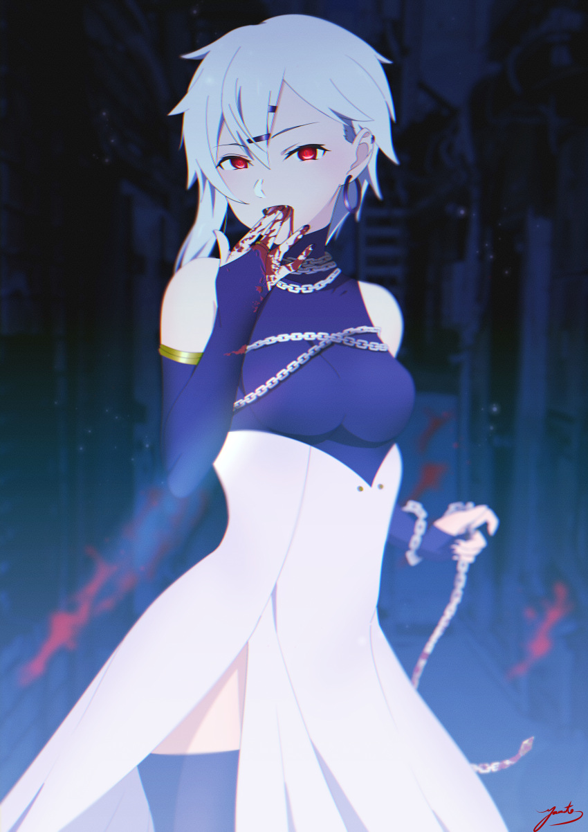 1girl absurdres alternate_eye_color alternate_hair_color bangs black_legwear blood blood_from_mouth blood_on_hands blue_sleeves breasts chain detached_sleeves fangs hair_between_eyes hair_ornament hairclip high-waist_skirt highres holding holding_chain long_sleeves looking_at_viewer medium_breasts open_mouth red_eyes short_hair side_slit silver_hair sinon skirt solo sword_art_online thigh-highs vampire white_skirt yaato_(yamato99725444)