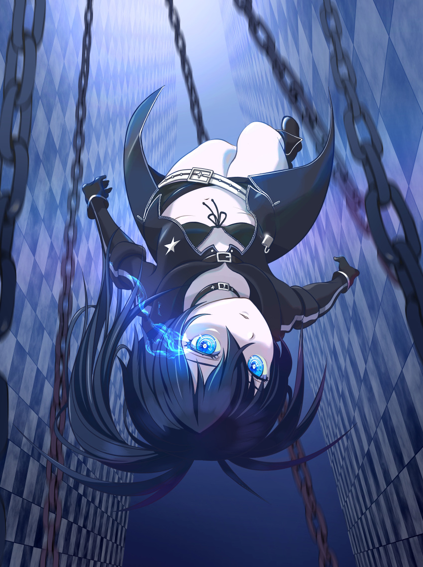 1girl 32zzz absurdres bag bare_legs belt bikini bikini_top_only black_bikini black_coat black_footwear black_gloves black_hair black_rock_shooter black_rock_shooter_(character) black_shorts blue_eyes breasts buckle chain checkered_wall coat flaming_eye floating_hair front-tie_bikini front-tie_top gloves hair_between_eyes highres long_hair long_sleeves looking_at_viewer micro_shorts motion_blur open_clothes open_coat parted_lips ponytail shorts small_breasts solo swimsuit under_boob white_belt