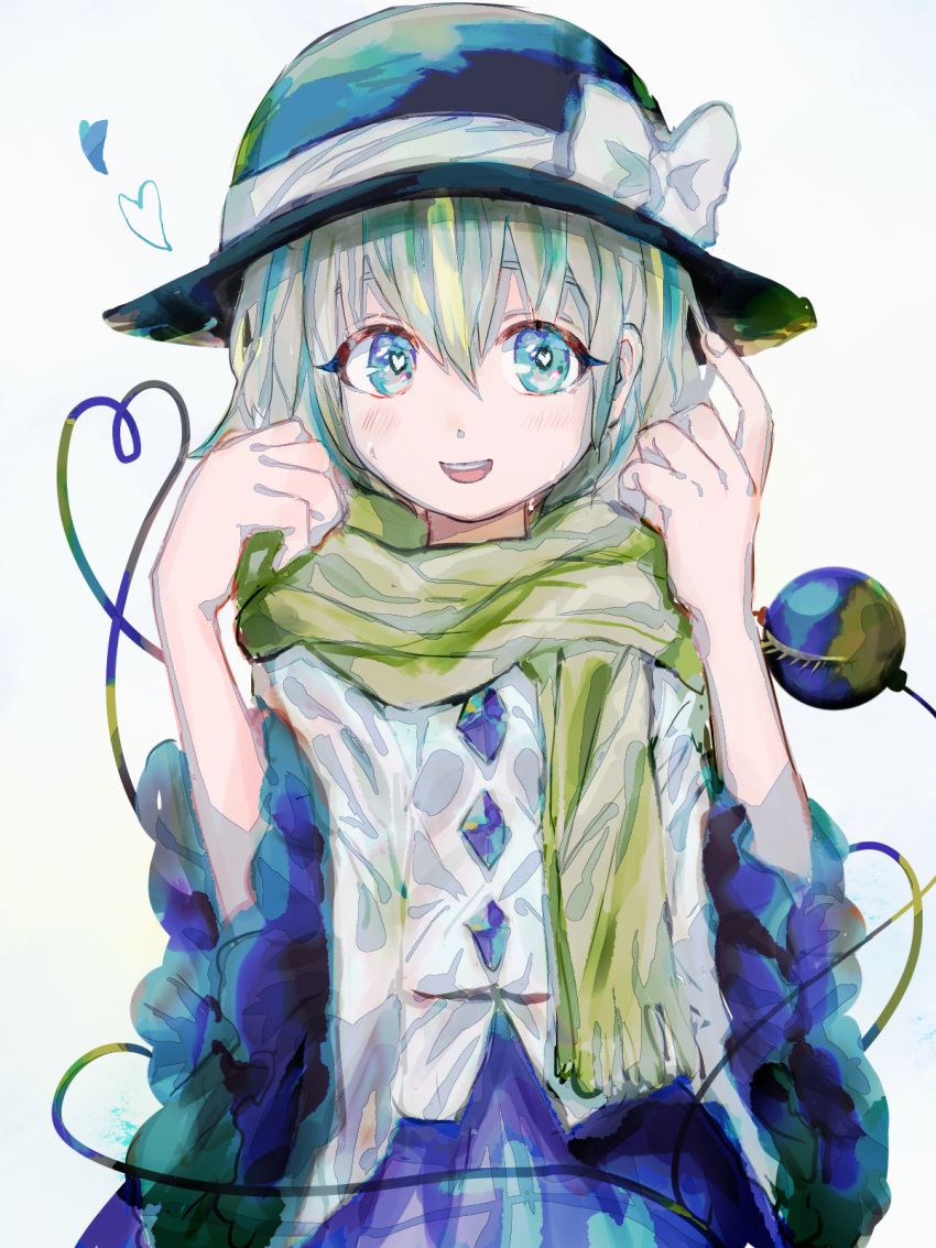1girl aqua_hair bangs black_headwear blouse blue_eyes blue_skirt buttons cowboy_shot diamond_button eyeball eyebrows_behind_hair frilled_skirt frills green_scarf hair_between_eyes hat hat_ribbon heart heart-shaped_pupils heart_of_string highres komeiji_koishi long_sleeves looking_to_the_side medium_hair open_mouth ribbon rin_(rin7kan7) scarf simple_background skirt smile solo symbol-shaped_pupils teeth third_eye touhou upper_teeth wavy_hair white_background white_blouse white_ribbon wide_sleeves