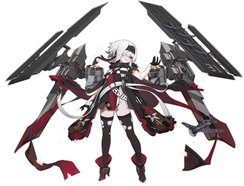 1girl aircraft aircraft_carrier artist_request azur_lane belt belt_buckle black_footwear black_gloves black_legwear bon_homme_richard_(meta)_(azur_lane) buckle cape gloves grin hairband highres looking_at_viewer military military_vehicle official_art one_eye_covered red_eyes rigging scarf ship short_hair smile standing thigh-highs torn_clothes torn_legwear transparent_background warship watercraft white_hair