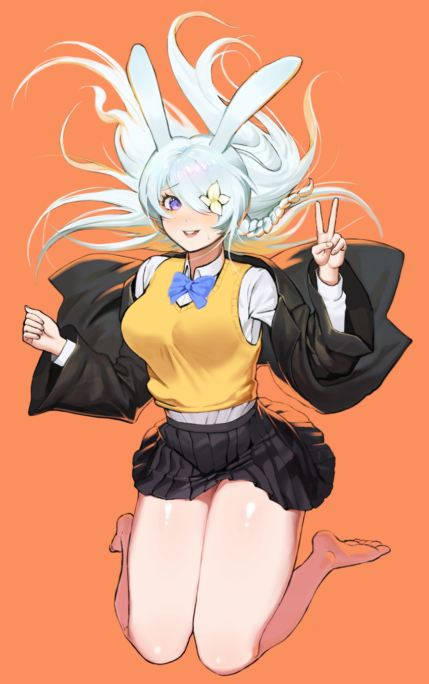1girl :d absurdres animal_ears bangs bare_legs barefoot black_jacket black_skirt blue_bow blue_bowtie blush bow bowtie braid breasts clenched_hand collared_shirt commentary eyebrows_visible_through_hair floating_hair flower flower_over_eye hair_flower hair_ornament hair_over_eyes hands_up highres jacket jumping large_breasts long_hair long_sleeves looking_at_viewer miniskirt mr_tangsuyuk off_shoulder one_eye_covered open_clothes open_jacket open_mouth orange_background original pleated_skirt rabbit_ears school_uniform shirt side_braid simple_background single_braid skirt smile solo sweatdrop sweater_vest swept_bangs teeth thighs v vest violet_eyes white_shirt wide_sleeves yellow_vest