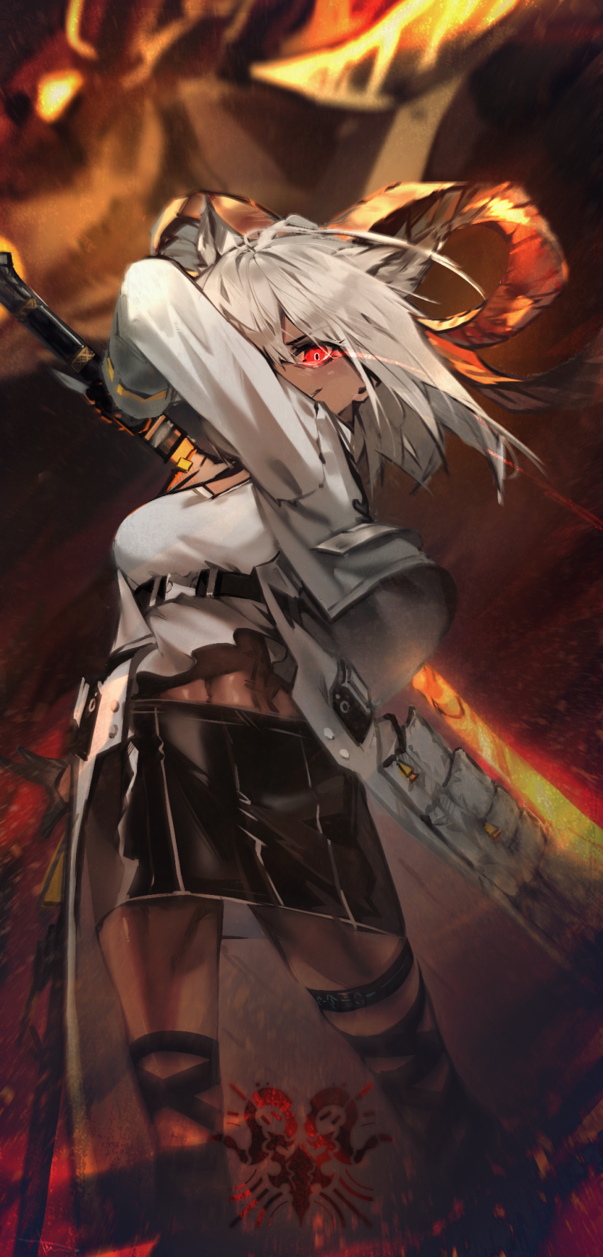 1girl arknights black_skirt carnelian_(arknights) commentary feet_out_of_frame fire glowing glowing_eye goat_horns grin highres holding holding_sword holding_weapon horns jacket leg_wrap libiadan long_sleeves looking_at_viewer open_clothes open_jacket red_eyes shirt short_hair skirt smile solo sword weapon white_hair white_jacket white_shirt