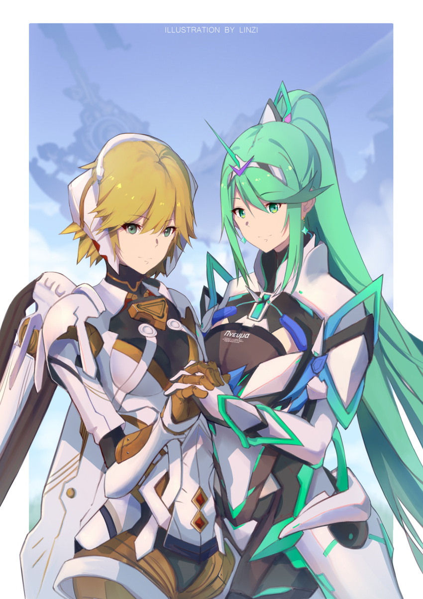 2girls absurdres armor bangs blonde_hair blue_eyes breasts chest_jewel cyborg earrings fiora_(xenoblade) gloves green_eyes green_hair hair_ornament headpiece highres holding jewelry large_breasts linzi long_hair looking_at_viewer mecha-fiora medium_breasts multiple_girls pneuma_(xenoblade) ponytail short_hair simple_background smile swept_bangs thigh-highs tiara very_long_hair weapon xenoblade_chronicles xenoblade_chronicles_(series) xenoblade_chronicles_2 xenoblade_chronicles_3