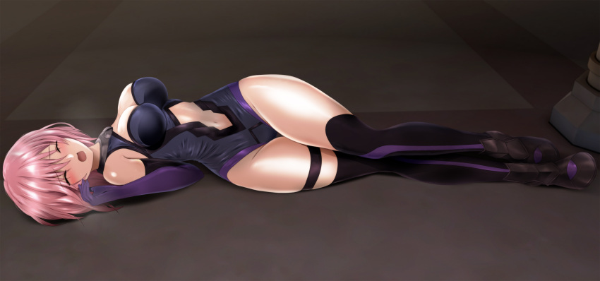 1girl absurdres bangs bare_shoulders breasts closed_eyes clothing_cutout elbow_gloves fate/grand_order fate_(series) gloves highres leotard lying mash_kyrielight medium_breasts navel navel_cutout on_side open_mouth pink_hair short_hair skin_tight sleeveless solo thigh-highs thigh_strap unconscious yadokari_genpachirou