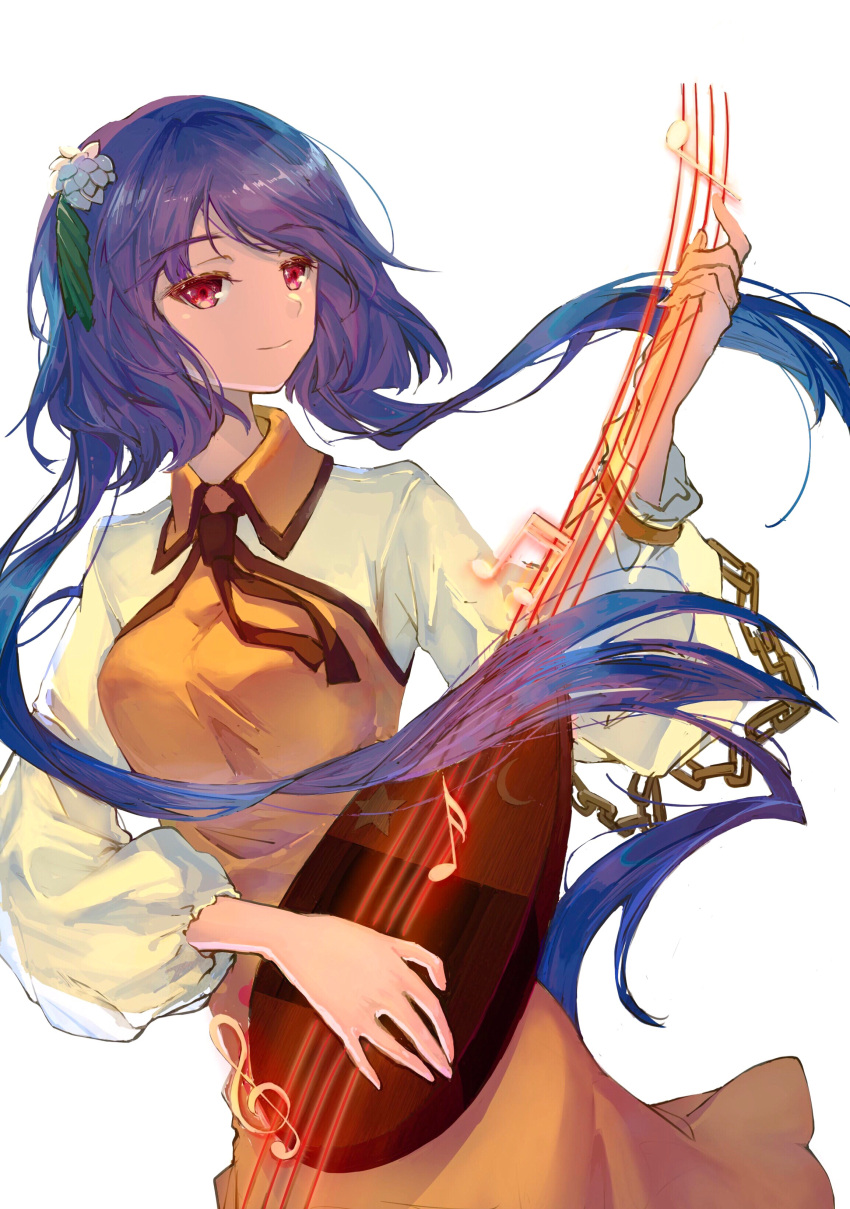 1girl absurdres beamed_sixteenth_notes biwa_lute breasts chain closed_mouth collared_dress commentary cowboy_shot dress eyebrows_visible_through_hair flower hair_flower hair_ornament hand_up highres holding holding_instrument instrument leaf long_hair long_sleeves looking_at_viewer lute_(instrument) medium_breasts music musical_note playing_instrument purple_hair quarter_note red_eyes ringo_orihara shirt simple_background sleeveless sleeveless_dress smile solo touhou treble_clef tsukumo_benben very_long_hair white_background white_flower white_shirt yellow_dress