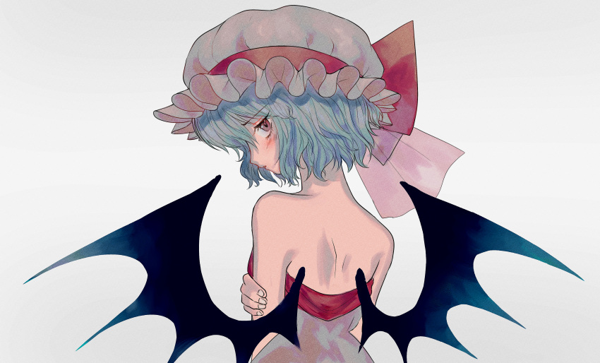 1girl absurdres bangs bat_wings blush bow dress eyebrows_visible_through_hair eyes_visible_through_hair from_behind frown hat hat_ribbon highres light_blue_hair looking_at_viewer looking_back mob_cap off-shoulder_dress off_shoulder red_bow red_ribbon remilia_scarlet ribbon rin_(rin7kan7) simple_background solo touhou upper_body violet_eyes wavy_hair white_background white_dress white_nails wings