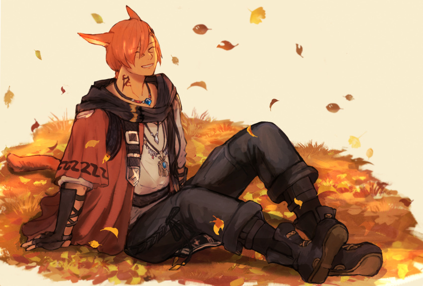 1boy animal_ears autumn_leaves black_footwear black_pants boots brown_background brown_gloves cat_boy cat_ears cat_tail closed_eyes commentary_request falling_leaves final_fantasy final_fantasy_xiv fingerless_gloves full_body g'raha_tia gloves grbraku highres jacket jewelry leaf male_focus miqo'te neck_tattoo necklace open_mouth pants red_jacket redhead shirt short_hair short_sleeves sitting smile solo tail tattoo white_shirt