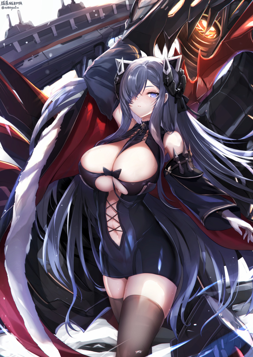 1girl animal_ears arm_up august_von_parseval_(azur_lane) azur_lane bangs bare_shoulders black_dress blue_hair breasts brown_legwear clothing_cutout commentary_request cowboy_shot detached_sleeves dress fake_animal_ears gloves hair_over_one_eye highres horns large_breasts long_hair long_sleeves looking_at_viewer mechanical_dragon mechanical_horns midriff navel nekoya_(liu) parted_lips revision short_dress signature solo standing thigh-highs twitter_username very_long_hair violet_eyes white_gloves