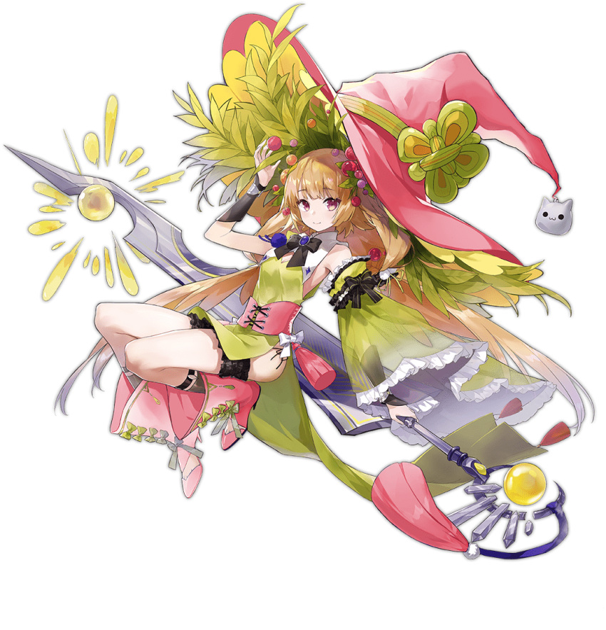 1girl ark_order artist_request bangs bare_shoulders berry black_bow black_bowtie black_legwear boots bow bowtie detached_sleeves dress frilled_sleeves frills garters green_dress hair_flaps hat holding holding_sword holding_weapon long_hair long_sleeves low_twintails official_art pink_eyes pink_footwear pink_headwear side_slit sidelocks single_sleeve socks solo sword tachi-e transparent_background twintails very_long_hair vidar_(ark_order) weapon wide_sleeves witch_hat