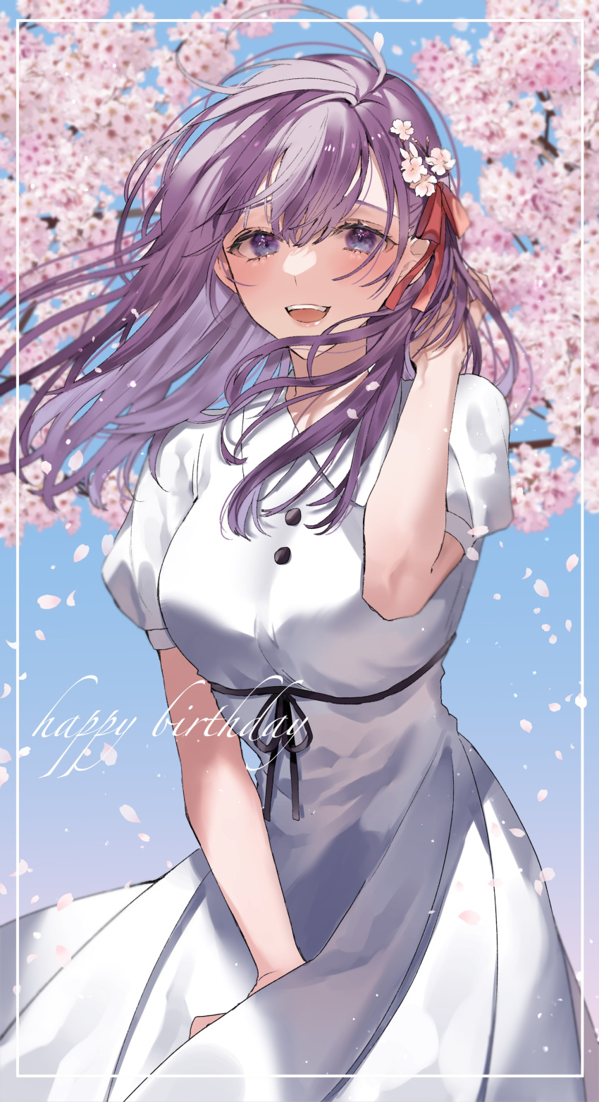 absurdres blue_sky breasts cherry_blossoms dress fate/stay_night fate_(series) highres lips matou_sakura nose purple_hair red_ribbon ribbon shimatori_(sanyyyy) sky violet_eyes white_dress