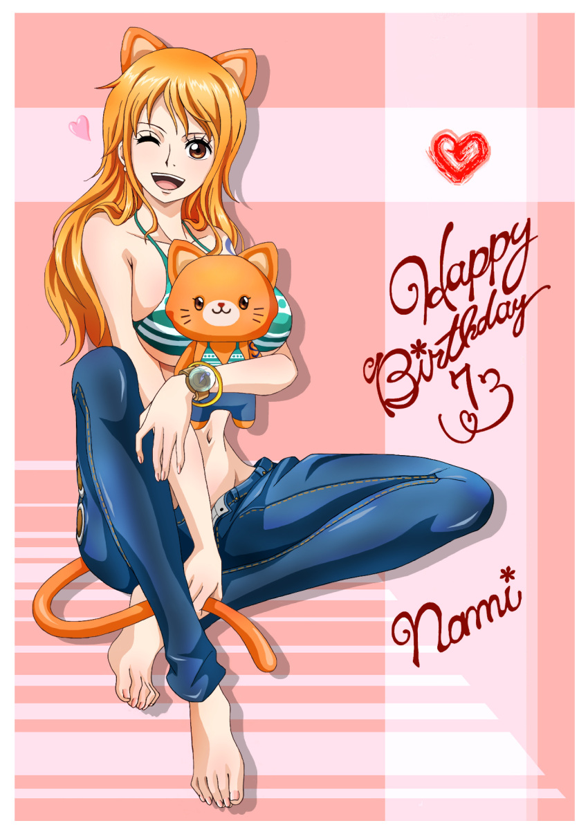 1girl animal_ears arm_under_breasts armpit_crease barefoot between_legs bikini bracelet breasts cat_ears cat_tail character_name collarbone commentary_request dated denim english_text eyelashes feet green_bikini hand_between_legs happy_birthday heart highres holding holding_tail jeans jewelry knee_up large_breasts legs long_hair nail_polish nami_(one_piece) navel object_hug one_eye_closed one_piece open_mouth orange_hair pants partially_unbuttoned pink_background pink_nails raida_(user_yypr5857) shiny shiny_clothes shiny_hair sitting smile solo striped striped_bikini stuffed_animal stuffed_toy swimsuit tail teeth toenail_polish toenails toes tongue under_boob upper_teeth watch watch