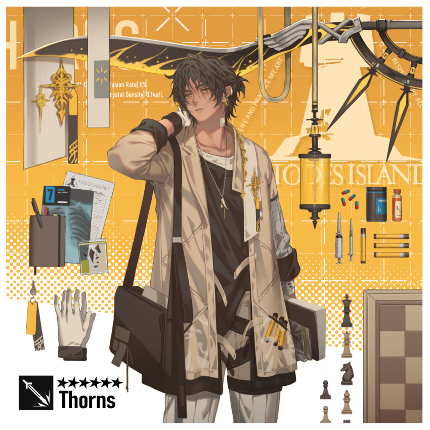 1boy arknights bag bandaid bandaid_on_face bandaid_on_neck bangs black_hair character_name chess_piece chessboard closed_mouth dark-skinned_male dark_skin english_commentary file gloves hand_on_own_neck highres jacket jewelry male_focus manjyufroth necklace pants paper pen pill pill_bottle rhodes_island_logo shirt shoulder_bag simple_background solo star_(symbol) sword syringe thorns_(arknights) vial weapon white_gloves yellow_eyes