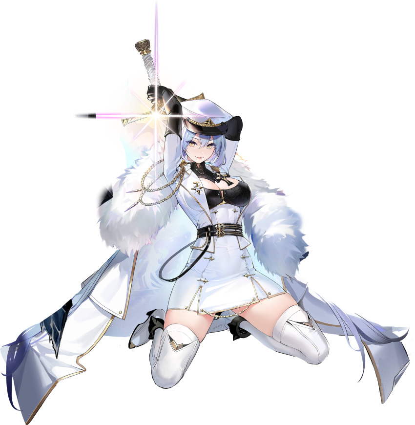 1girl arkhangelsk_(azur_lane) artist_request azur_lane bangs black_gloves blue_hair boots breasts dress elbow_gloves full_body fur_trim gloves hat highres holding holding_weapon kneeling large_breasts looking_at_viewer machinery medium_breasts official_art peaked_cap short_dress smile solo sword thigh-highs thigh_boots transparent_background turret weapon yellow_eyes zettai_ryouiki