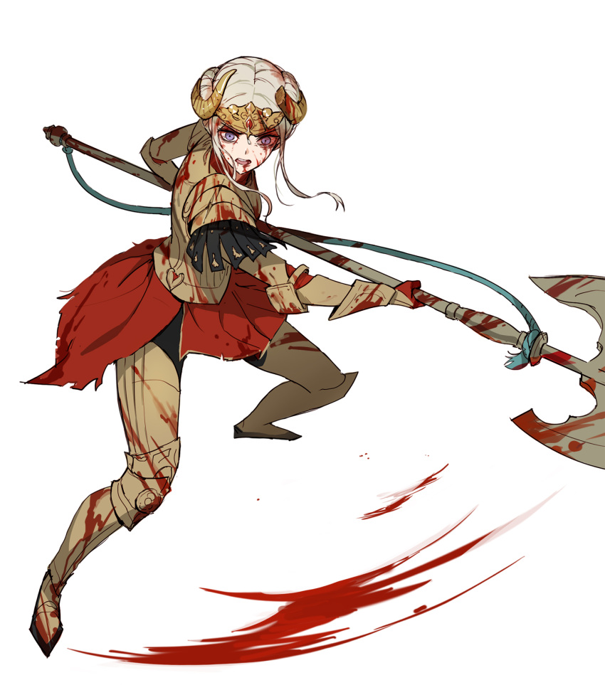 1girl armor axe bangs blood edelgard_von_hresvelg fire_emblem fire_emblem:_three_houses full_body gloves hair_ornament highres horns jason_kim long_hair long_sleeves looking_at_viewer open_mouth simple_background solo violet_eyes weapon white_hair