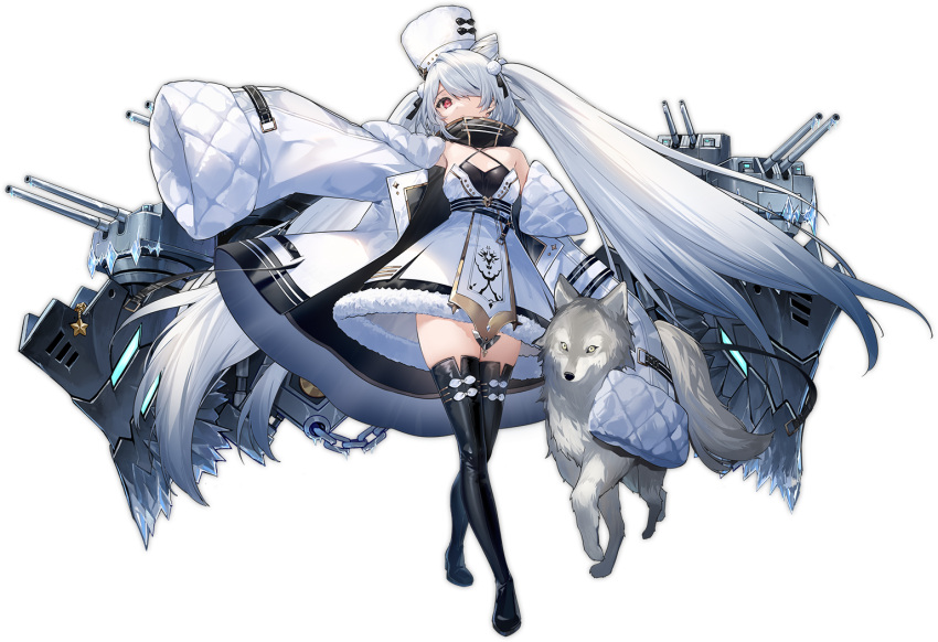 1girl animal artist_request azur_lane bangs boots breasts criss-cross_halter detached_sleeves dress full_body fur_hat fur_trim hair_over_one_eye halterneck hat kiev_(azur_lane) long_hair long_sleeves looking_at_viewer machinery medium_breasts official_art red_eyes short_dress standing thigh-highs thigh_boots thighs tied_hair transparent_background turret twintails ushanka very_long_hair white_hair wide_sleeves wolf zettai_ryouiki