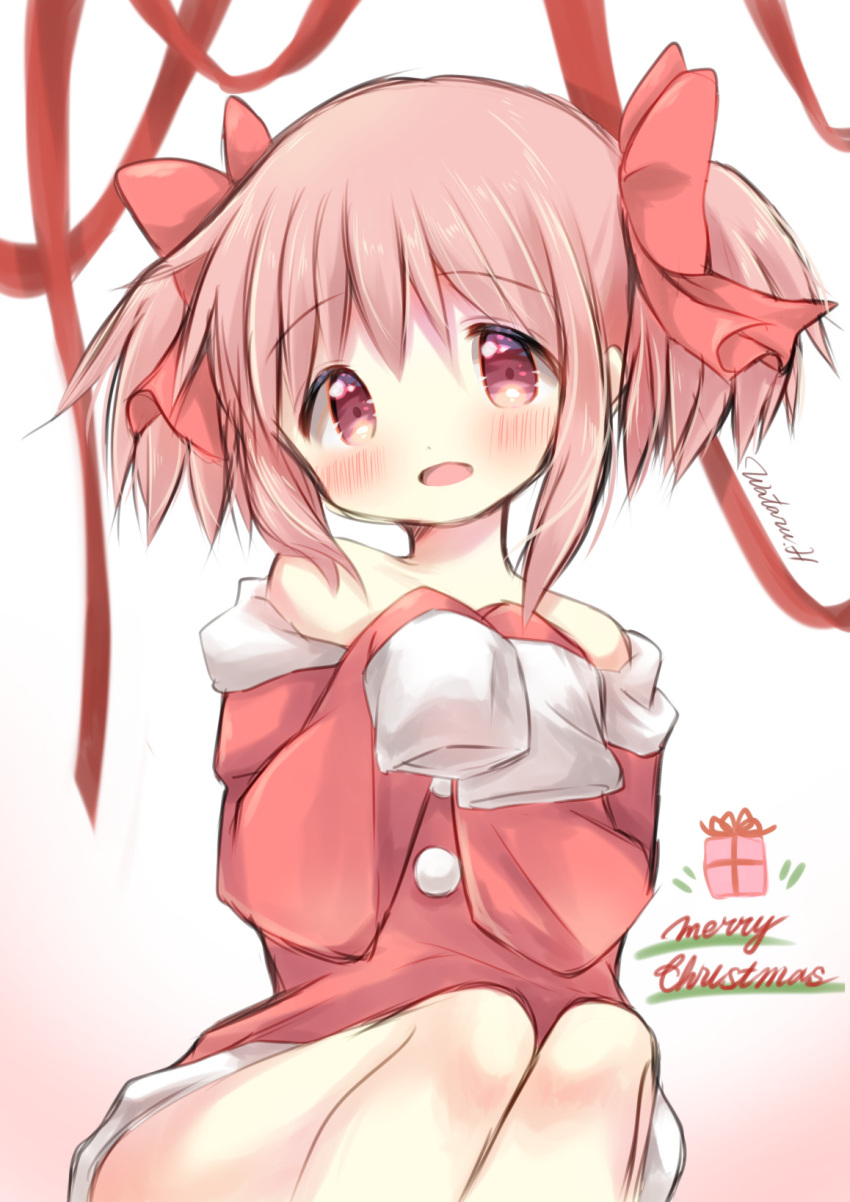 1girl blush fur_trim hair_ribbon highres hoshikage_wataru kaname_madoka looking_at_viewer loose_clothes mahou_shoujo_madoka_magica merry_christmas off_shoulder open_mouth oversized_clothes pink_eyes pink_hair ribbon santa_costume short_hair short_twintails sleeves_past_fingers sleeves_past_wrists smile solo twintails