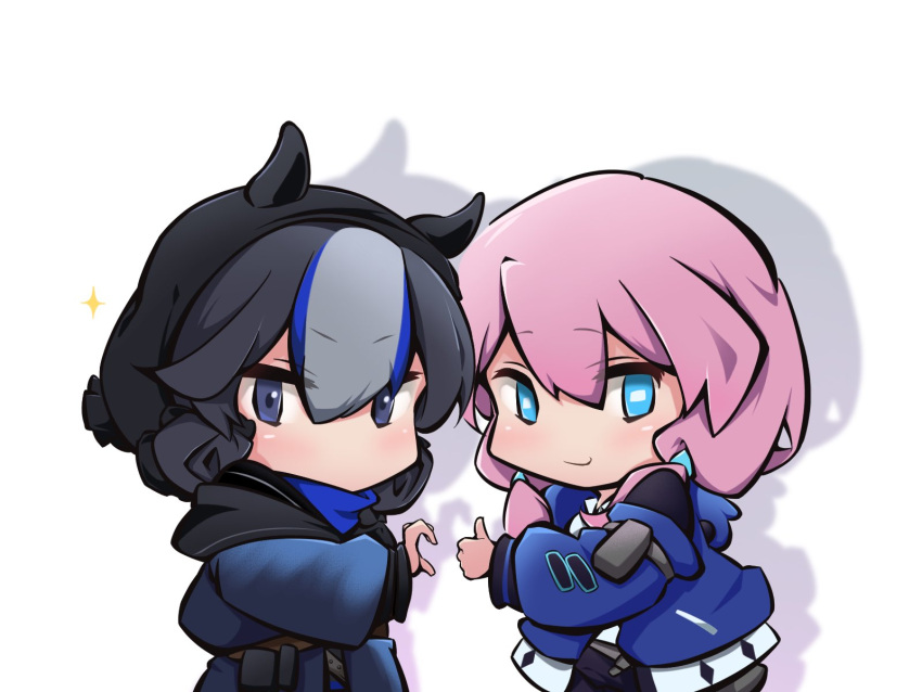2girls arknights bangs black_hair blue_eyes blue_jacket blue_poison_(arknights) chibi closed_mouth commentary_request eve_penumbra eyebrows_visible_through_hair glaucus_(arknights) grey_hair hair_between_eyes heart_hands_failure highres jacket long_sleeves looking_at_viewer multicolored_hair multiple_girls open_clothes open_jacket pink_hair puffy_long_sleeves puffy_sleeves shadow smile sparkle two-tone_hair upper_body violet_eyes white_background yuri