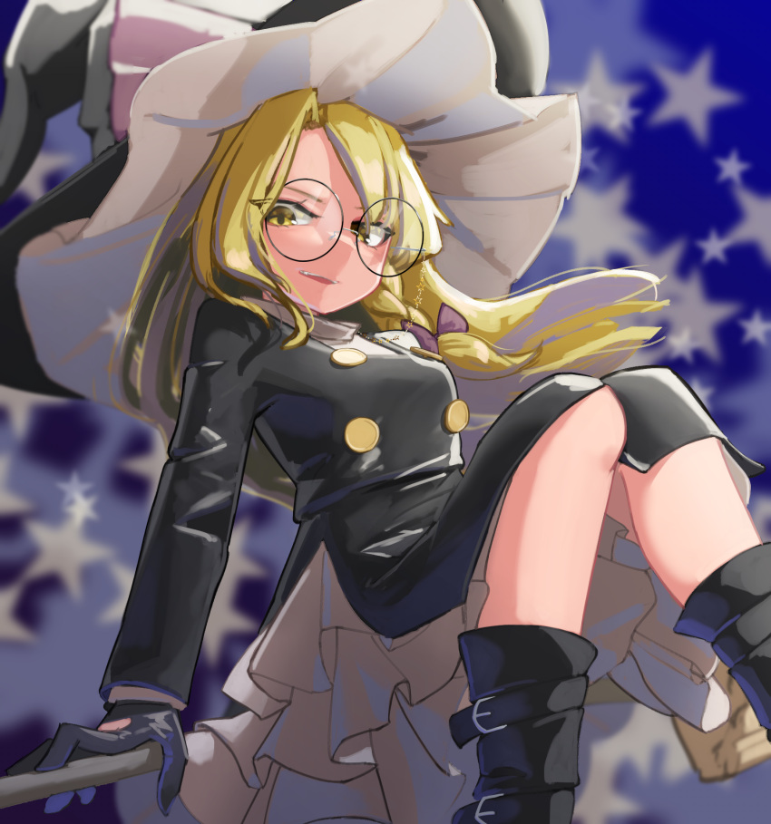 1girl bespectacled blonde_hair bow braid broom broom_riding commentary_request dress frilled_dress frills glasses gloves hair_bow hat hat_bow highres kirisame_marisa large_hat long_hair long_sleeves shirt solo star_(symbol) starry_background touhou white_shirt witch_hat yellow_eyes zakozako_y