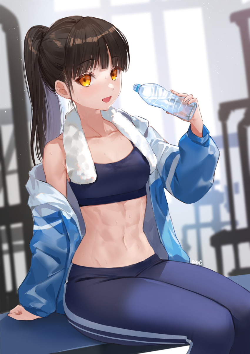 1girl abs artist_name bangs black_hair blunt_bangs bottle breasts collarbone commentary_request eyebrows_visible_through_hair highres holding holding_bottle jacket long_sleeves looking_at_viewer medium_breasts mole mole_under_eye navel nima_(niru54) open_mouth original ponytail sitting solo sweat toned tongue water_bottle watermark yellow_eyes