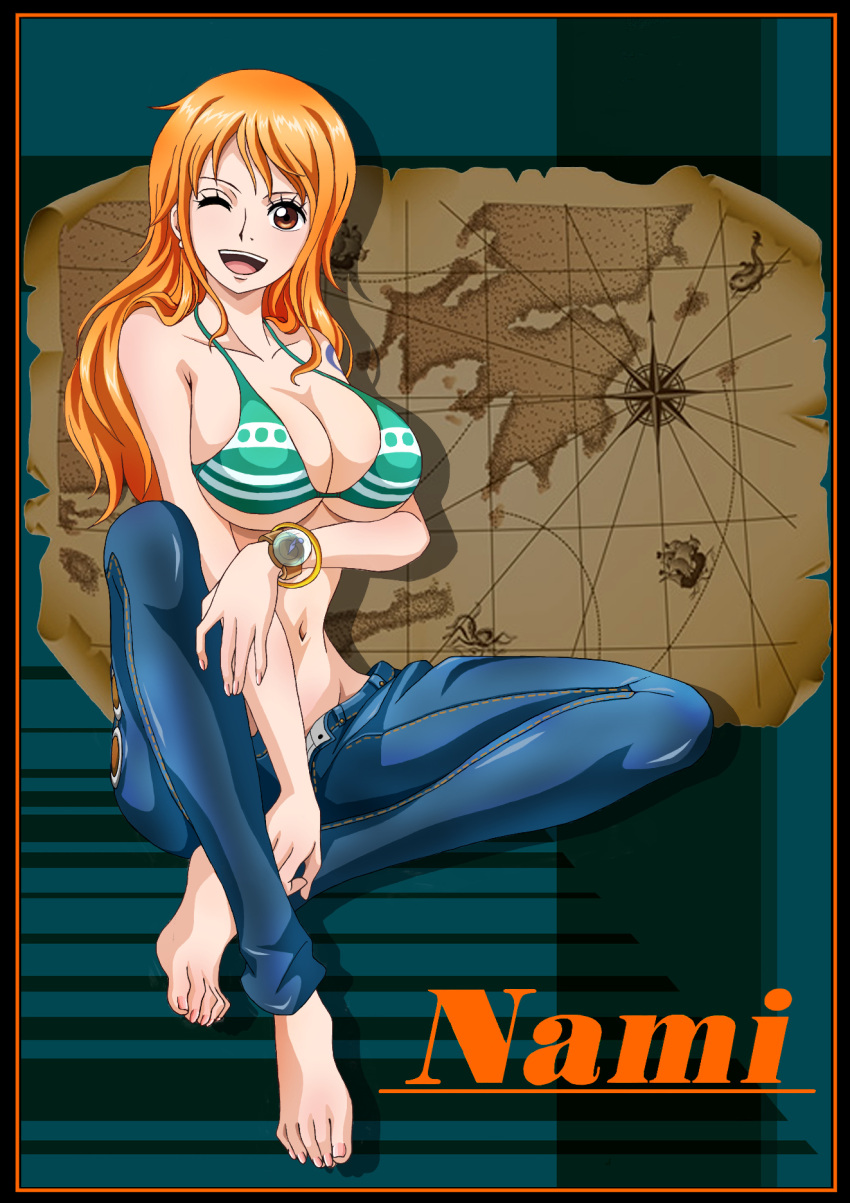 1girl arm_under_breasts armpit_crease barefoot between_legs bikini bracelet breasts character_name collarbone commentary_request denim english_text eyelashes feet green_bikini hand_between_legs heart highres holding jeans jewelry knee_up large_breasts legs long_hair nail_polish nami_(one_piece) navel one_eye_closed one_piece open_mouth orange_hair pants partially_unbuttoned pink_nails raida_(user_yypr5857) shiny shiny_clothes shiny_hair sitting smile solo striped striped_bikini swimsuit teeth toenail_polish toenails toes tongue under_boob upper_teeth watch watch