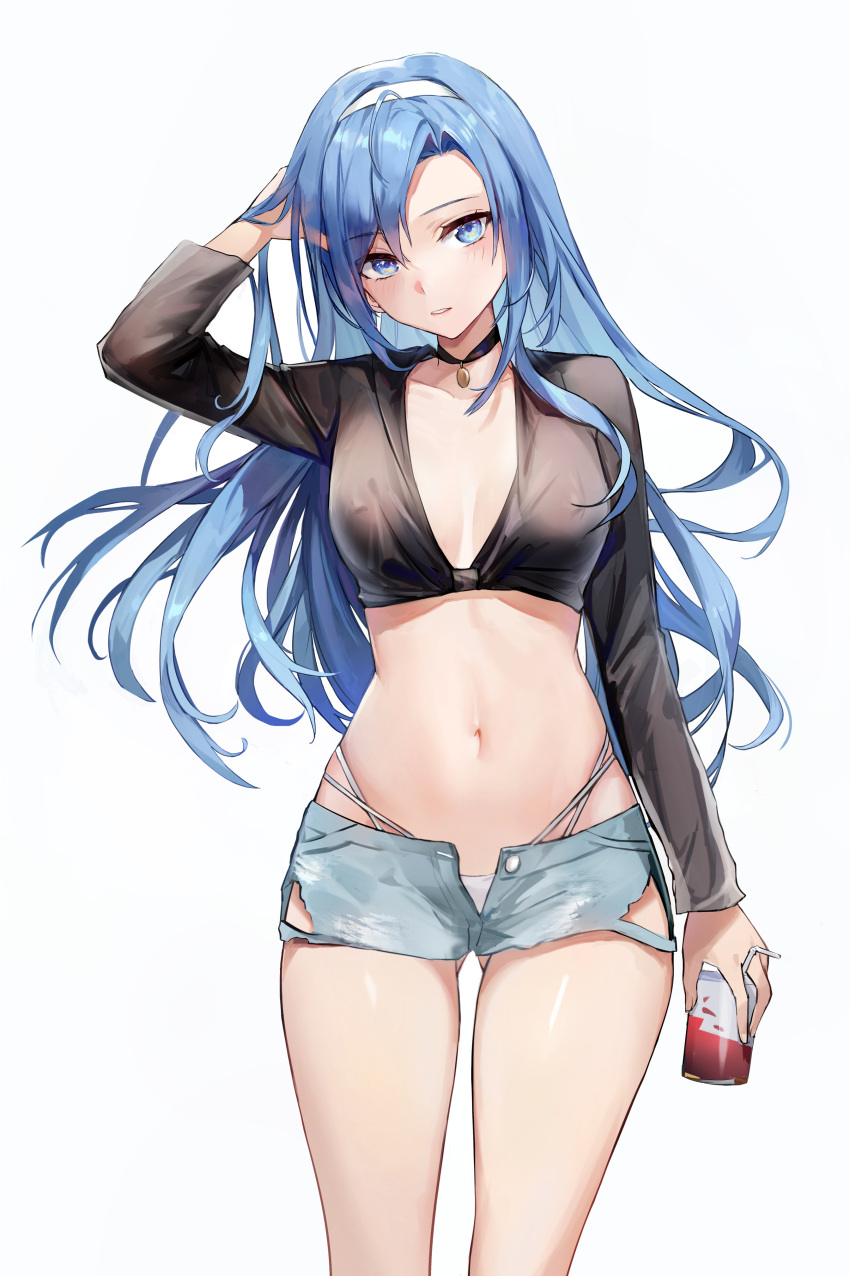 1girl absurdres arm_up bangs black_choker black_shirt blue_eyes blue_hair blue_shorts breasts can choker commentary cowboy_shot crop_top drinking_straw eyebrows_visible_through_hair hairband highres holding holding_can kuza_brs light_blush long_hair looking_at_viewer medium_breasts navel open_clothes open_fly open_shirt original parted_lips shirt short_shorts shorts simple_background solo standing stomach symbol-only_commentary very_long_hair white_background white_hairband