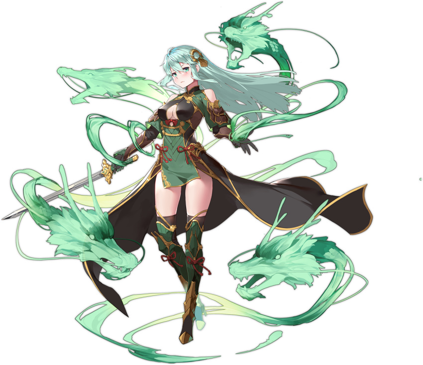 1girl aqua_eyes aqua_hair ark_order artist_request azure_dragon_(ark_order) bangs black_cape black_gloves black_legwear boots bow breasts cape clothing_cutout dragon dress expressionless full_body gloves green_dress green_footwear highres holding holding_sword holding_weapon large_breasts long_hair long_sleeves looking_at_viewer navel navel_cutout official_art red_bow red_ribbon ribbon shoulder_cutout sidelocks solo sword tachi-e thigh-highs thigh_boots transparent_background very_long_hair waist_cape weapon wind