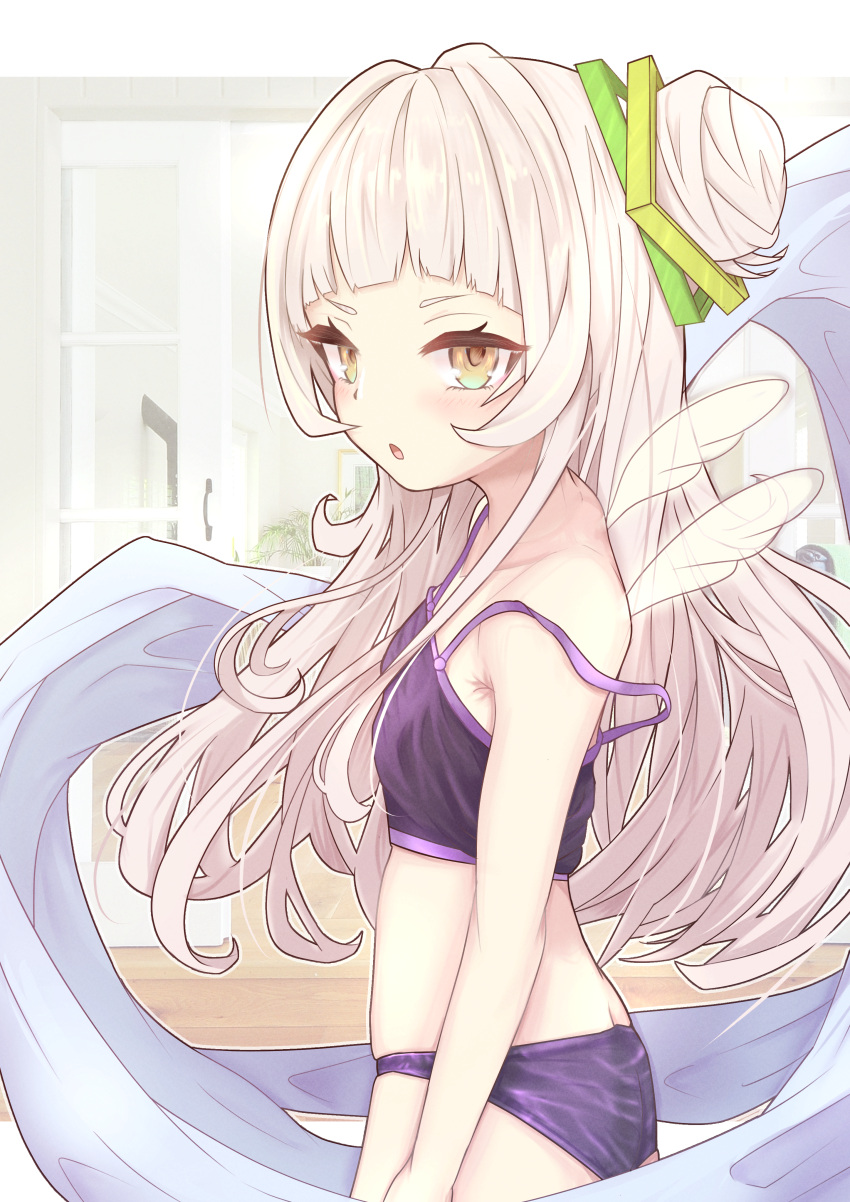 1girl absurdres anzu_mochi armpit_crease bangs blunt_bangs camisole flat_chest hair_bun hair_ornament highres hololive long_hair looking_at_viewer midriff murasaki_shion open_mouth panties short_eyebrows silver_hair solo underwear virtual_youtuber wings yellow_eyes