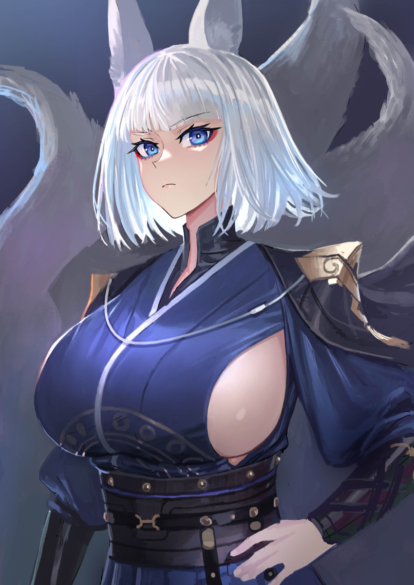 1girl absurdres alternate_costume animal_ears azur_lane bangs blue_eyes breasts clothing_cutout eyebrows_visible_through_hair eyeliner fox_ears fox_girl fox_tail highres hime_cut japanese_clothes kaga_(azur_lane) kaga_(dusk-simurgh's_vigil)_(azur_lane) kaki_z3 kitsune large_breasts looking_at_viewer makeup multiple_tails official_alternate_costume short_hair sideboob solo tail upper_body white_hair