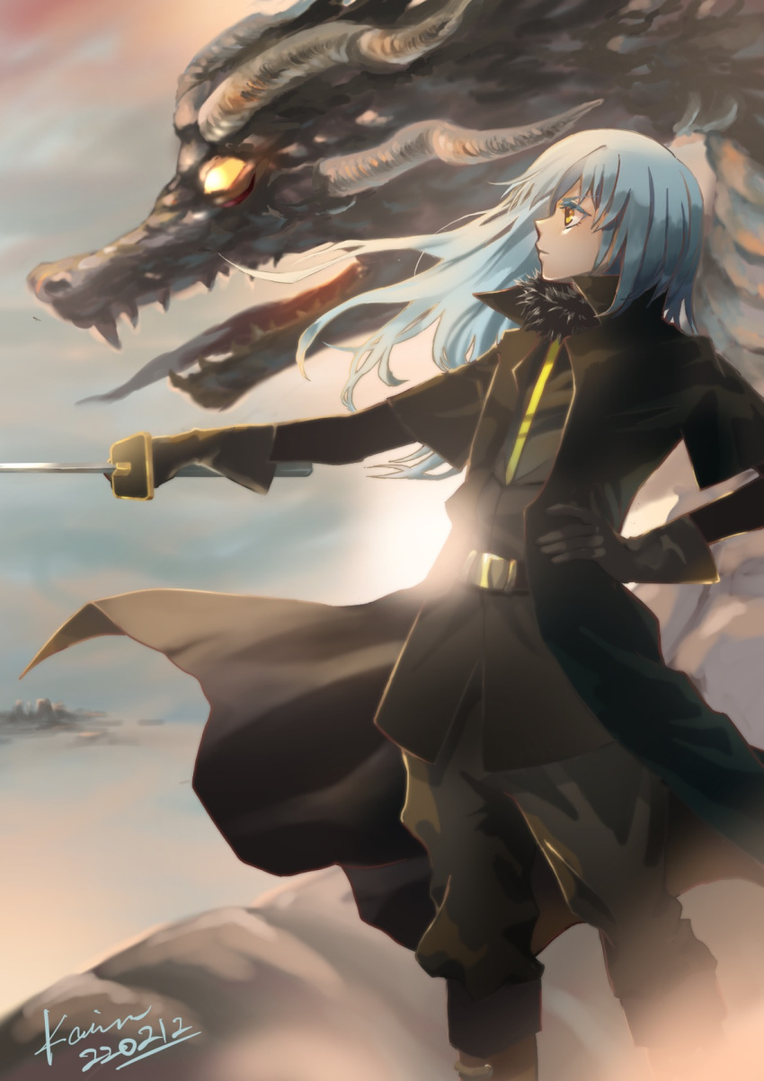 1other androgynous belt black_coat black_gloves black_jacket black_pants blue_hair closed_mouth coat dated dragon floating_hair from_side gloves hand_on_hip highres holding holding_sword holding_weapon jacket karin_(yutchinyutchin1) long_hair long_sleeves pants profile rimuru_tempest solo standing straight_hair sword tensei_shitara_slime_datta_ken veldora_(tensei_shitara_slime_datta_ken) weapon yellow_eyes