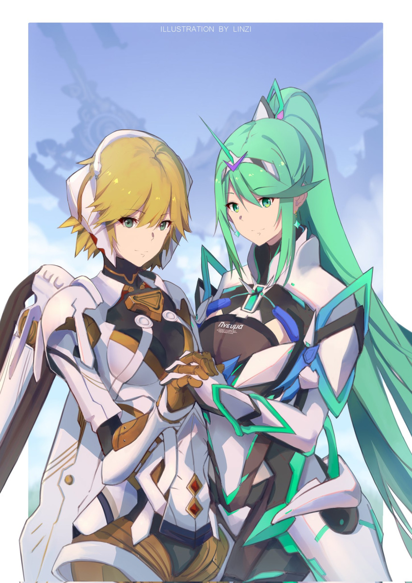 2girls armor bangs blonde_hair blue_eyes breasts chest_jewel cyborg earrings fiora_(xenoblade) gloves green_eyes green_hair hair_ornament headpiece highres holding jewelry large_breasts linzi long_hair looking_at_viewer mecha-fiora medium_breasts multiple_girls pneuma_(xenoblade) ponytail short_hair simple_background smile swept_bangs thigh-highs tiara very_long_hair weapon xenoblade_chronicles xenoblade_chronicles_(series) xenoblade_chronicles_2