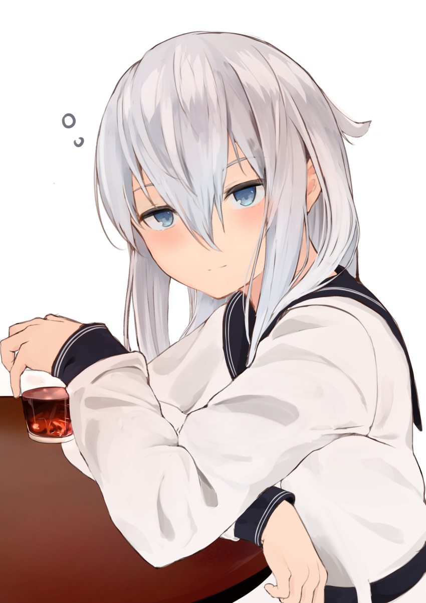 1girl absurdres alcohol bangs black_sailor_collar blue_eyes blush closed_mouth cup drunk hibiki_(kancolle) highres holding holding_cup ikashun kantai_collection long_hair long_sleeves looking_at_viewer sailor_collar silver_hair simple_background solo table upper_body verniy_(kancolle) white_hair