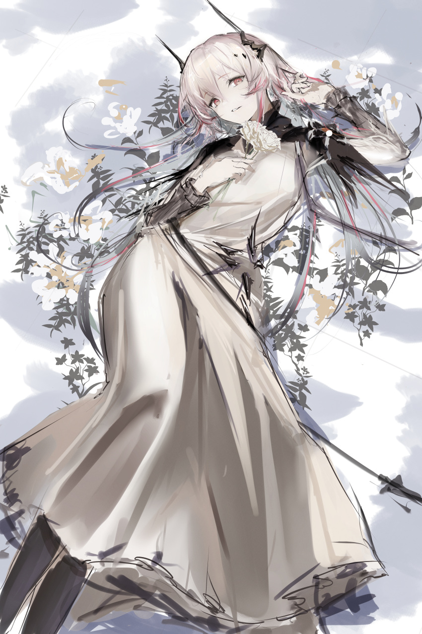 1girl absurdres arknights arm_up bangs black_legwear dress drmaho1 eyebrows_visible_through_hair feet_out_of_frame flower foreshortening highres holding holding_flower horns long_hair long_sleeves looking_at_viewer parted_lips red_eyes rose silver_hair smile solo theresa_(arknights) white_dress white_flower white_rose