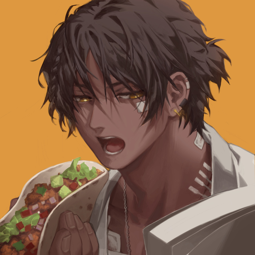 1boy arknights bandaid bandaid_on_cheek bandaid_on_face bangs black_hair dark-skinned_male dark_skin earclip eating english_commentary food hair_between_eyes highres holding holding_food jacket jewelry male_focus manjyufroth necklace open_mouth orange_background ponytail portrait short_ponytail simple_background solo taco thorns_(arknights) yellow_eyes