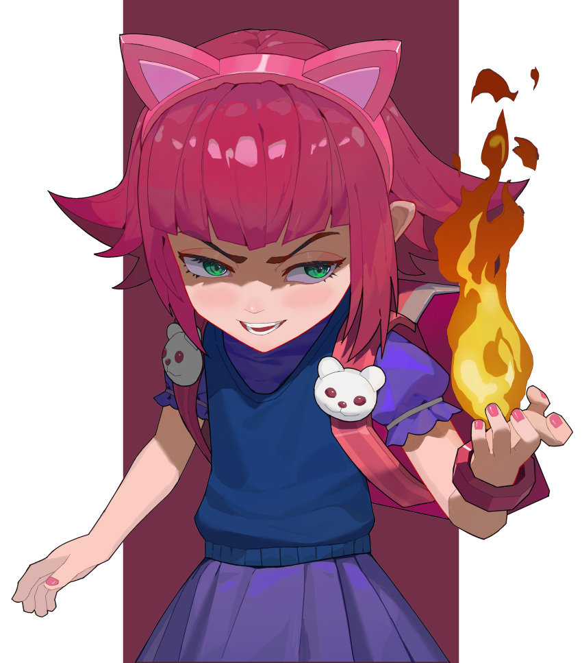 1girl absurdres animal_ears annie_(league_of_legends) bangs blue_vest cat_ears child cowboy_shot fake_animal_ears fire flame green_eyes hand_up highres league_of_legends magic medium_hair nail_polish open_mouth pink_nails ptdra puffy_short_sleeves puffy_sleeves red_background shiny shiny_hair short_sleeves skirt smile solo teeth vest white_background