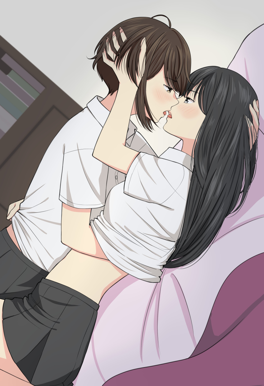 2girls absurdres black_hair blue_eyes blush brown_eyes brown_hair commentary_request eyebrows_visible_through_hair hand_in_another's_hair hand_under_clothes highres lying multiple_girls on_back on_person original ryuusa yuri