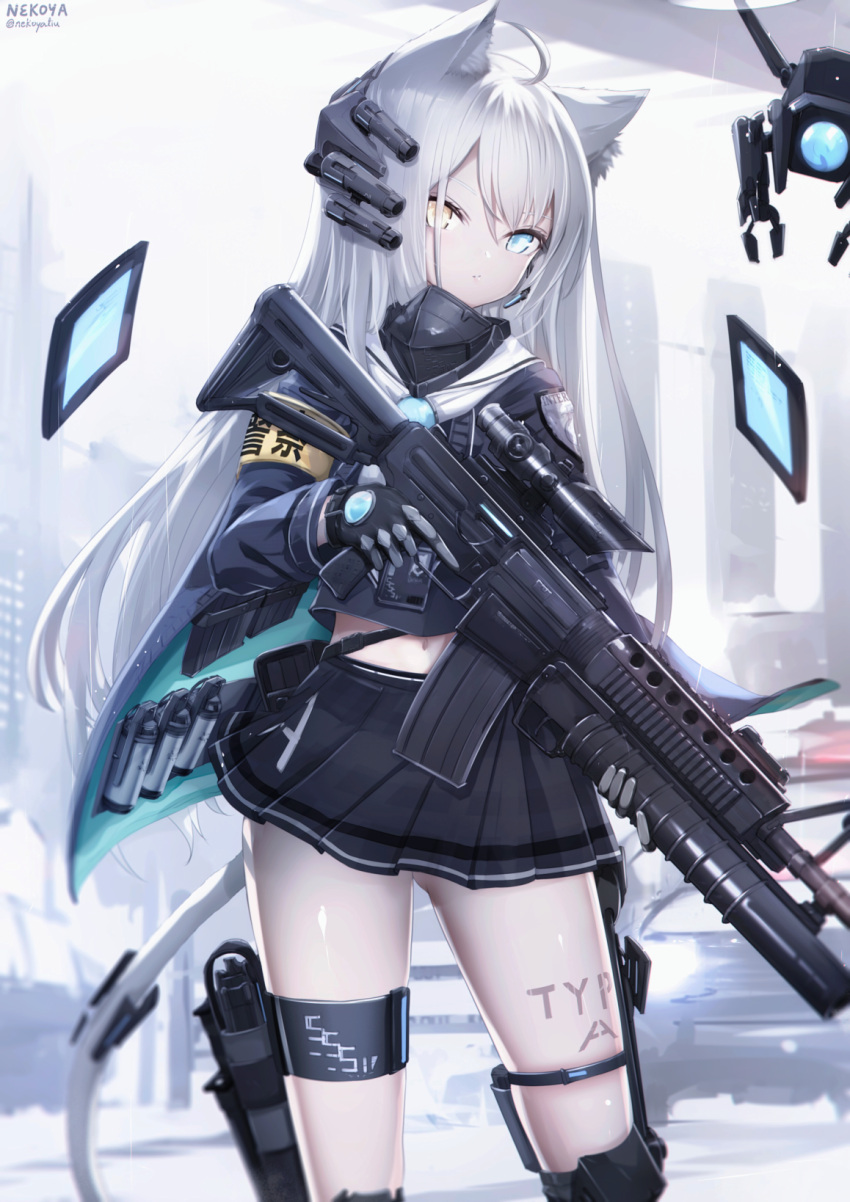 1girl artist_name assault_rifle black_gloves black_legwear black_shirt black_skirt blue_eyes closed_mouth commentary_request drone gloves gun heterochromia highres holding holding_gun holding_weapon kneehighs long_sleeves looking_at_viewer m4_carbine mask mouth_mask nekoya_(liu) original pleated_skirt revision rifle shirt signature skirt solo standing twitter_username weapon weapon_request yellow_eyes