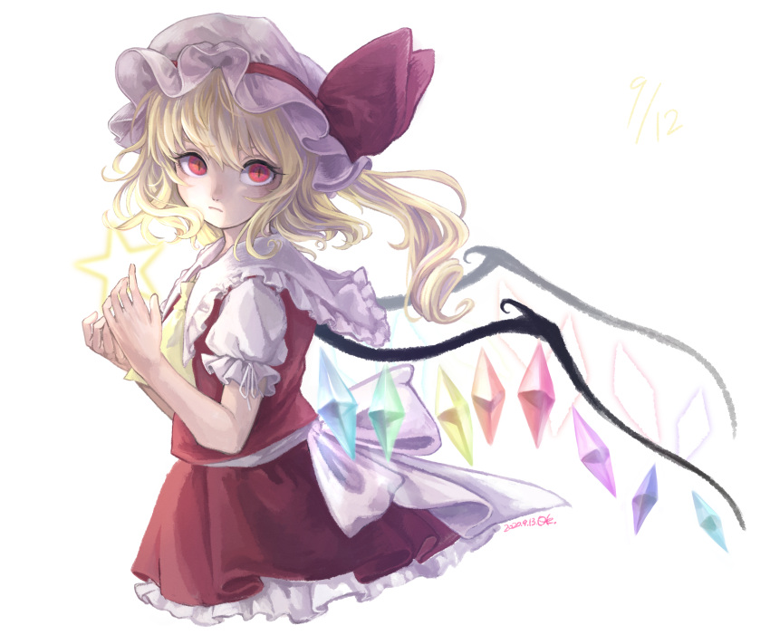 1girl ascot blonde_hair bow closed_mouth collared_shirt commentary cropped_legs crystal dated eyebrows_behind_hair flandre_scarlet frilled_shirt_collar frilled_skirt frilled_sleeves frills hands_up hat hat_ribbon highres light_frown looking_at_viewer medium_hair mob_cap ponytail puffy_short_sleeves puffy_sleeves red_eyes red_ribbon red_skirt red_vest ribbon shiitake_(satorikirby) shirt short_sleeves signature simple_background skirt skirt_set slit_pupils solo star_(symbol) touhou vest waist_bow white_background white_bow white_headwear white_shirt wings yellow_ascot