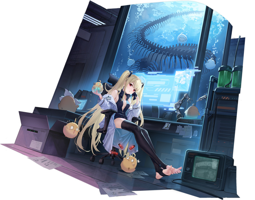 1girl artist_request azur_lane bare_shoulders black_gloves black_legwear blonde_hair breasts feet gloves highres labcoat long_hair looking_at_viewer manjuu_(azur_lane) no_shoes official_alternate_costume official_art red_eyes sitting small_breasts soobrazitelny_(azur_lane) soobrazitelny_(the_machinery_of_life)_(azur_lane) spread_toes stirrup_legwear thigh-highs toeless_legwear toes transparent_background twintails