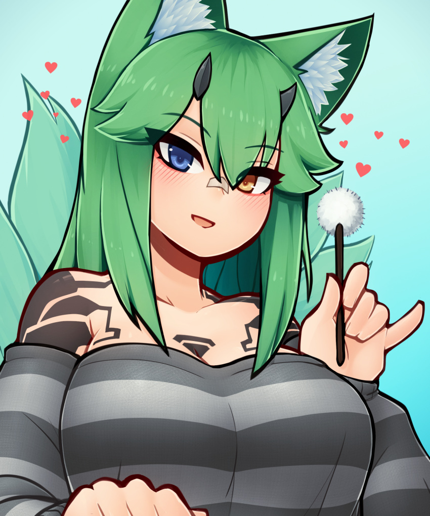 1girl absurdres animal_ears bare_shoulders blue_eyes blush borrowed_character breasts brown_eyes collarbone commission d-floe eyebrows_visible_through_hair fox_ears fox_girl green_hair grey_sweater heterochromia highres horns large_breasts long_hair long_sleeves looking_at_viewer mimikaki off-shoulder_sweater off_shoulder open_mouth original smile solo striped striped_sweater sweater