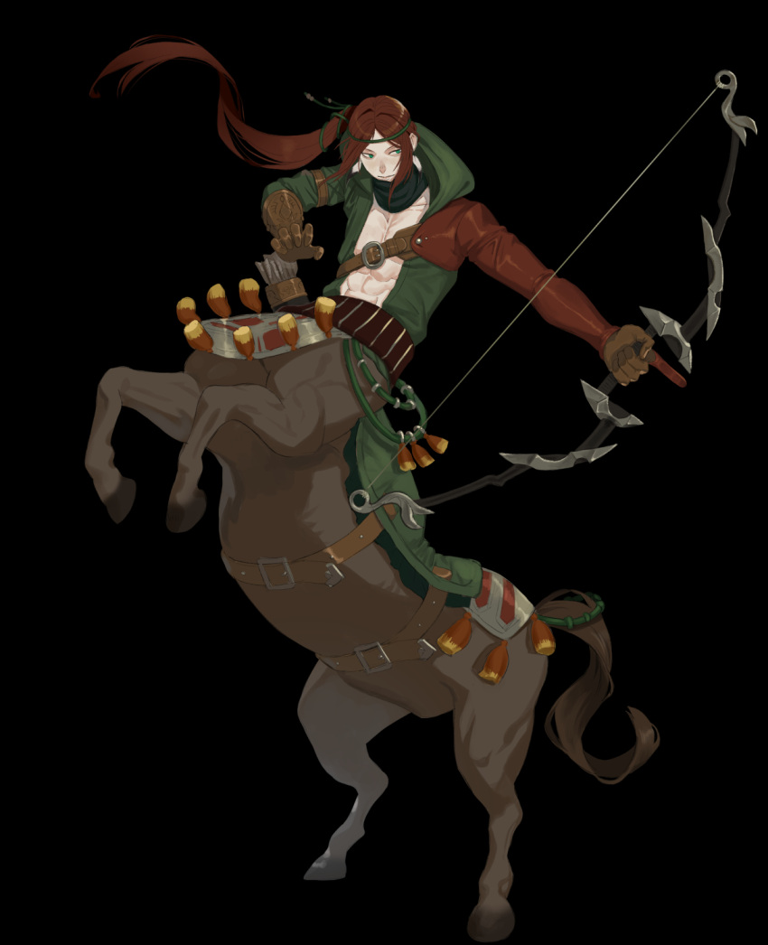 1boy abs arm_strap arrow_(projectile) bangs belt black_background black_scarf bow_(weapon) brown_belt brown_gloves brown_hair centaur chest_belt collarbone commentary detached_sleeves earrings elbow_gloves feather_earrings feathers floating_hair full_body gloves green_eyes green_hairband green_jacket hairband highres holding holding_bow_(weapon) holding_weapon horse_tail jacket jewelry kyo_niku long_hair long_sleeves looking_to_the_side male_focus monster_boy multiple_legs open_clothes open_shirt original parted_bangs parted_lips quiver rearing scarf side_ponytail simple_background solo standing tail tassel taur weapon