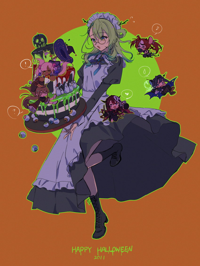 ! +_+ 2011 6+girls ? absurdres antlers apron bangs black_dress black_footwear blue_eyes blue_hair boots brown_hair ceres_fauna chibi dress eyeball eyebrows_visible_through_hair full_body green_hair hakos_baelz happy_halloween hat heart heterochromia highres holocouncil hololive hololive_english irys_(hololive) juliet_sleeves kaniko_(tsukumo_sana) long_hair long_sleeves maid maid_headdress mask mask_on_head multiple_girls musical_note nanashi_mumei orange_background ouro_kronii puffy_sleeves ryuko_lee simple_background spoken_exclamation_mark spoken_heart spoken_musical_note spoken_question_mark spoken_sweatdrop standing standing_on_one_leg sweatdrop tsukumo_sana usaslug_(tsukumo_sana) violet_eyes virtual_youtuber white_apron witch_hat yellow_eyes