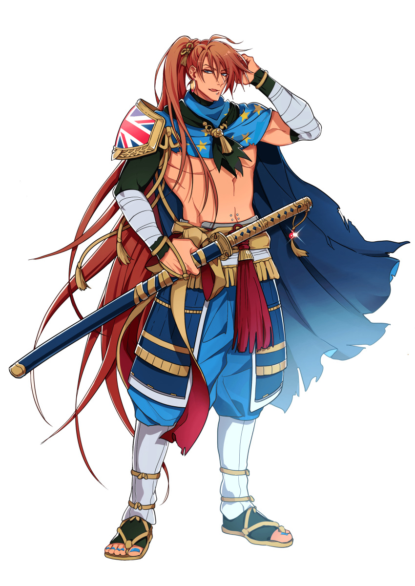 1boy absurdres artist_request blue_cape blue_eyes blue_nails cape check_commentary commentary_request earrings gradient_hair highres holding holding_sword holding_weapon japanese_clothes jewelry katana lip_piercing long_hair male_focus multicolored_hair navel navel_piercing orange_hair piercing ponytail samurai scabbard sheath sheathed star_(symbol) sword tagme tassel toned toned_male transparent_background union_jack weapon world_flags