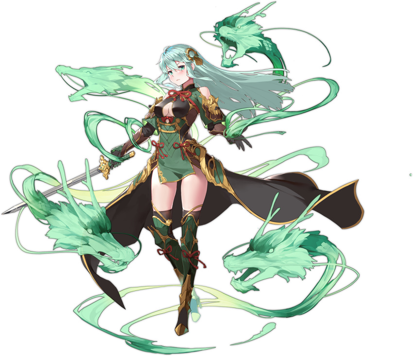 1girl aqua_eyes aqua_hair ark_order artist_request azure_dragon_(ark_order) bangs black_cape black_gloves black_legwear boots bow breasts cape clothing_cutout dragon dress expressionless full_body gloves green_dress green_footwear highres holding holding_sword holding_weapon large_breasts long_hair long_sleeves looking_at_viewer navel navel_cutout official_art red_bow red_ribbon ribbon shoulder_cutout sidelocks solo sword tachi-e thigh-highs thigh_boots transparent_background very_long_hair waist_cape weapon wind