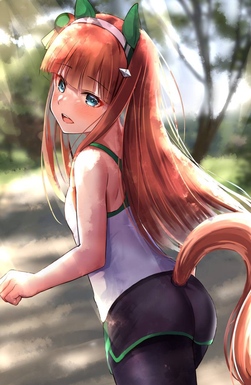 absurdres alternate_costume animal_ears ass blue_eyes blurry blurry_background blush commentary_request hair_ornament headband highres horse_ears horse_girl horse_tail long_hair looking_at_viewer open_mouth orange_hair pantyhose sg_(esujii) shorts silence_suzuka_(umamusume) tail umamusume