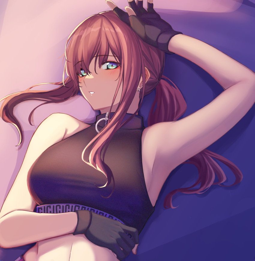 1girl 3_small_spiders absurdres ar-57_(girls'_frontline) bangs black_gloves black_tank_top blush breasts crop_top earrings eye_piercing eyebrows_visible_through_hair fingerless_gloves girls_frontline gloves hair_between_eyes hair_ornament hand_on_head hand_on_own_stomach highres jewelry light_blue_eyes long_hair looking_at_viewer lying medium_breasts on_back open_mouth pink_hair simple_background solo tank_top upper_body